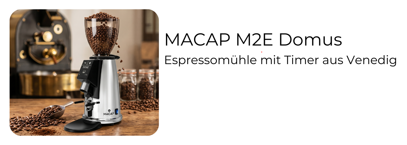 MACAP M2E Domus Kaffeemühle bei EspressoMarket – in Chrom und Schwarz, venezianisches Mühlenhandwerk seit 1930