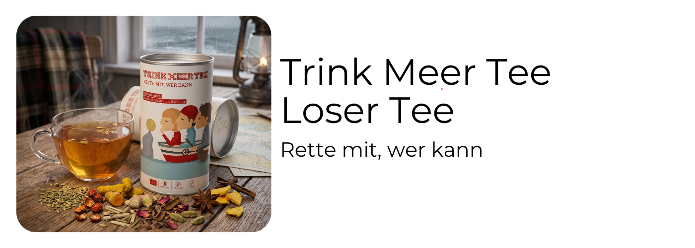 Trink Meer Tee Loser Kräutertee Rette mit, wer kann – 100g Dose mit Ingwer, Kurkuma, Kardamom und Mangochips, 50 Cent pro Packung für die DGzRS