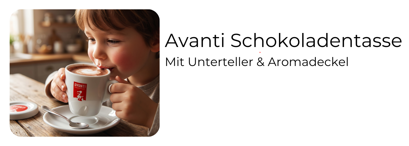 Avanti Schokoladentasse 300ml aus Porzellan mit Unterteller und Aromadeckel – gefüllt mit dampfender Trinkschokolade bei EspressoMarket