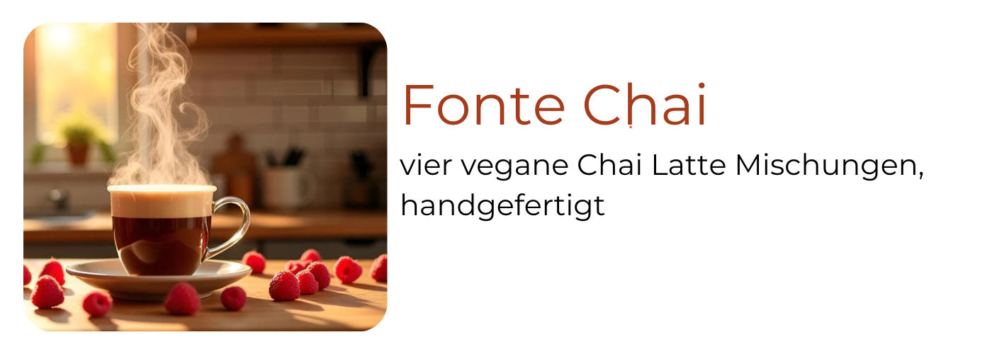 Fonte Chai Latte Pulver bei EspressoMarket: Spiced, Vanilla, Raspberry und Green Tea Chai – vier vegane Mischungen, handgefertigt