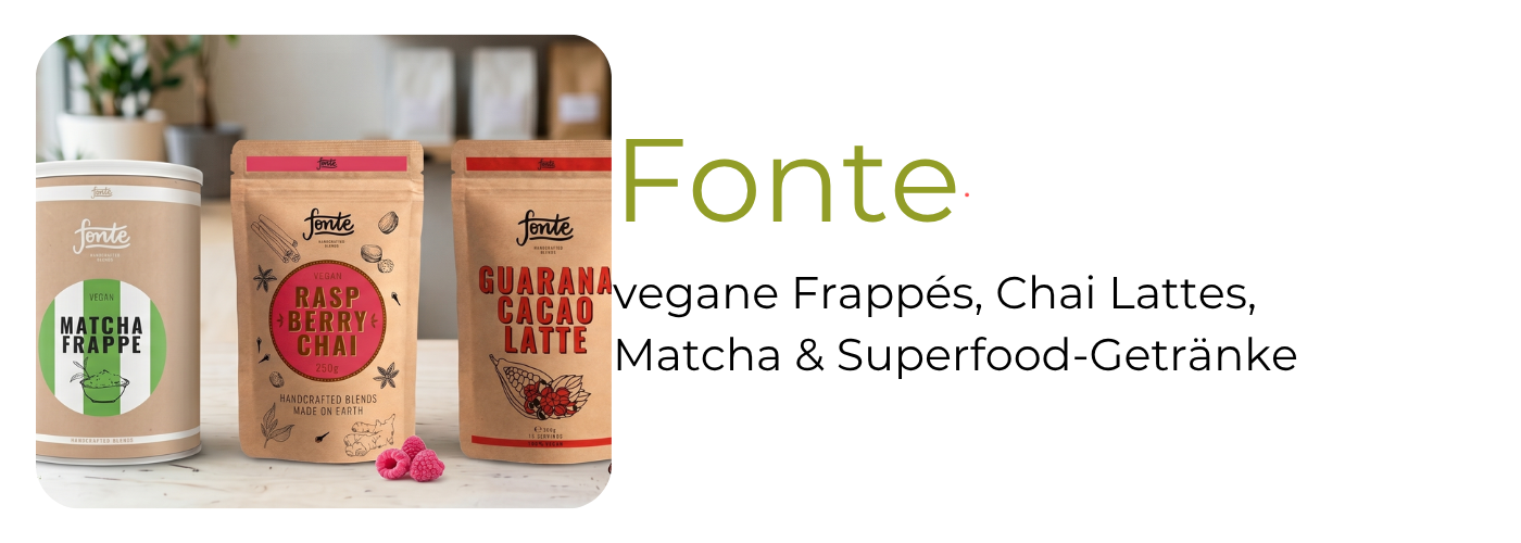 Fonte Handcrafted Blends Sortiment – fünf bunte Superfood Lattes in Gläsern nebeneinander auf heller Oberfläche
