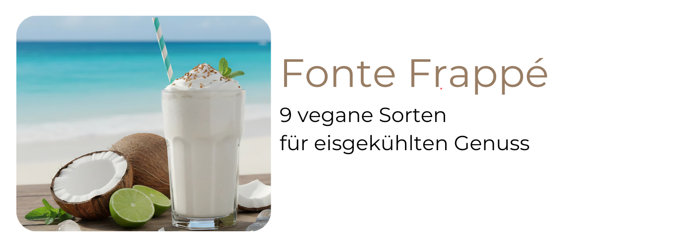 Fonte Frappé Pulver bei EspressoMarket: 9 vegane Sorten – Kaffee, Schokolade, Vanilla, Coconut und Matcha als Frappé über Eis