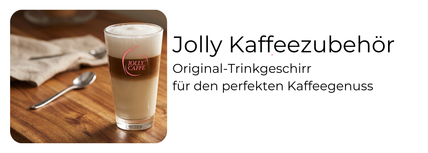 Jolly Caffè Trinkgeschirr: Espressotasse, Espressoglas und Latte-Macchiato-Glas mit frischem Kaffee – originales Jolly Zubehör bei EspressoMarket