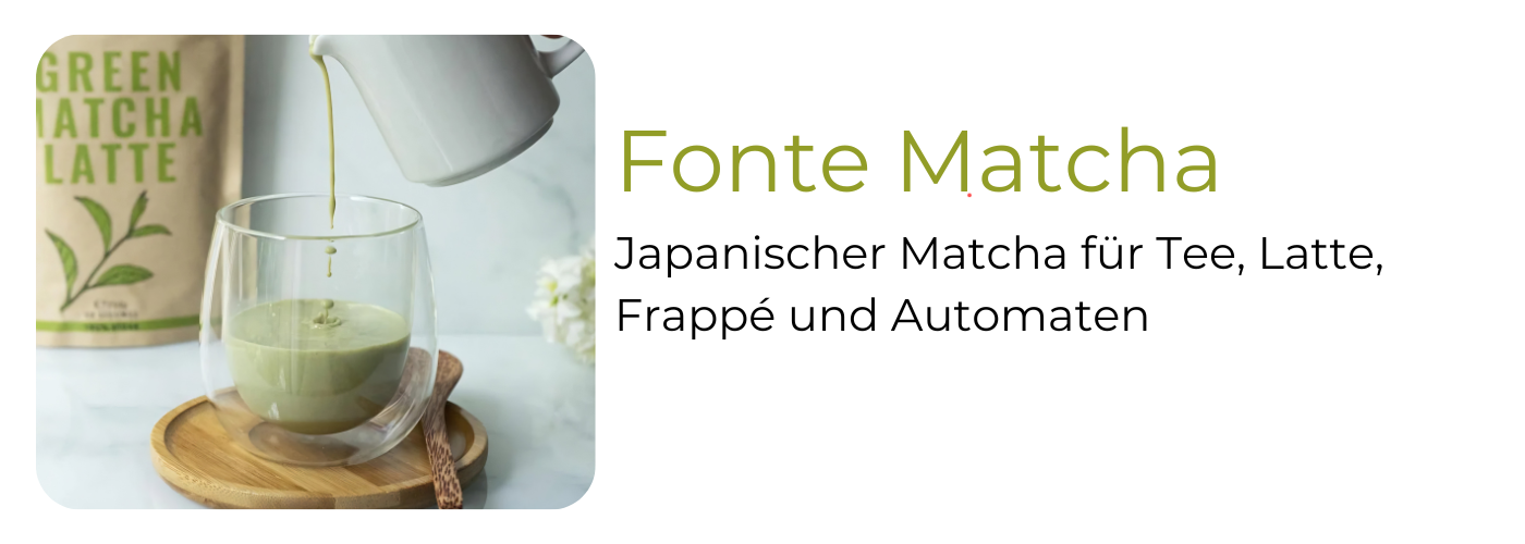 Fonte Matcha bei EspressoMarket: japanischer Matcha Tee, Green Matcha Latte und Matcha Frappé – vier Produkte, alle vegan und handgefertigt
