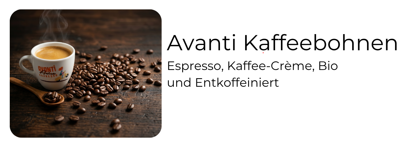 Avanti Espressobohnen auf dunkler Oberfläche mit frisch gezogenem Espresso und dichter Crema – Kaffeebohnen von Caffè Avanti bei EspressoMarket