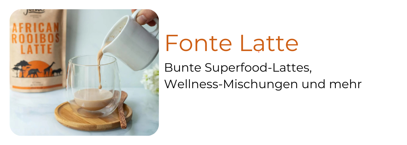 Fonte Latte Superfood-Pulver bei EspressoMarket: UBE lila, Pink Pitaya, Spirulina Blau, Turmeric Gold und mehr – 11 vegane Latte-Mischungen