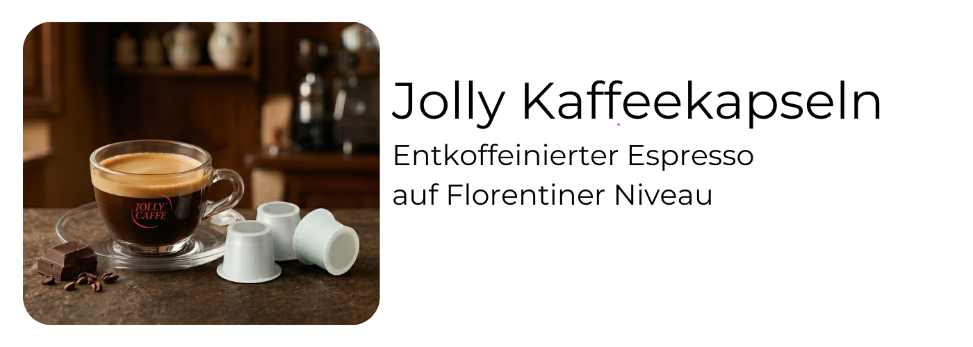 Jolly Caffè Decaffeinato Kapseln mit frisch gebrühtem entkoffeiniertem Espresso und haselnussbrauner Crema – 100% Arabica, natürlich entkoffeiniert