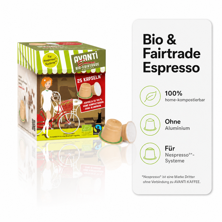 Avanti Kapseln Bio & Fairtrade Espresso EMMA, kompatibel mit Nespresso Kaffeekapseln, kompostierbar & ohne Aluminium, 80% Arabica/20% Robusta, mittel-dunkle Röstung, geröstet in der Schweiz