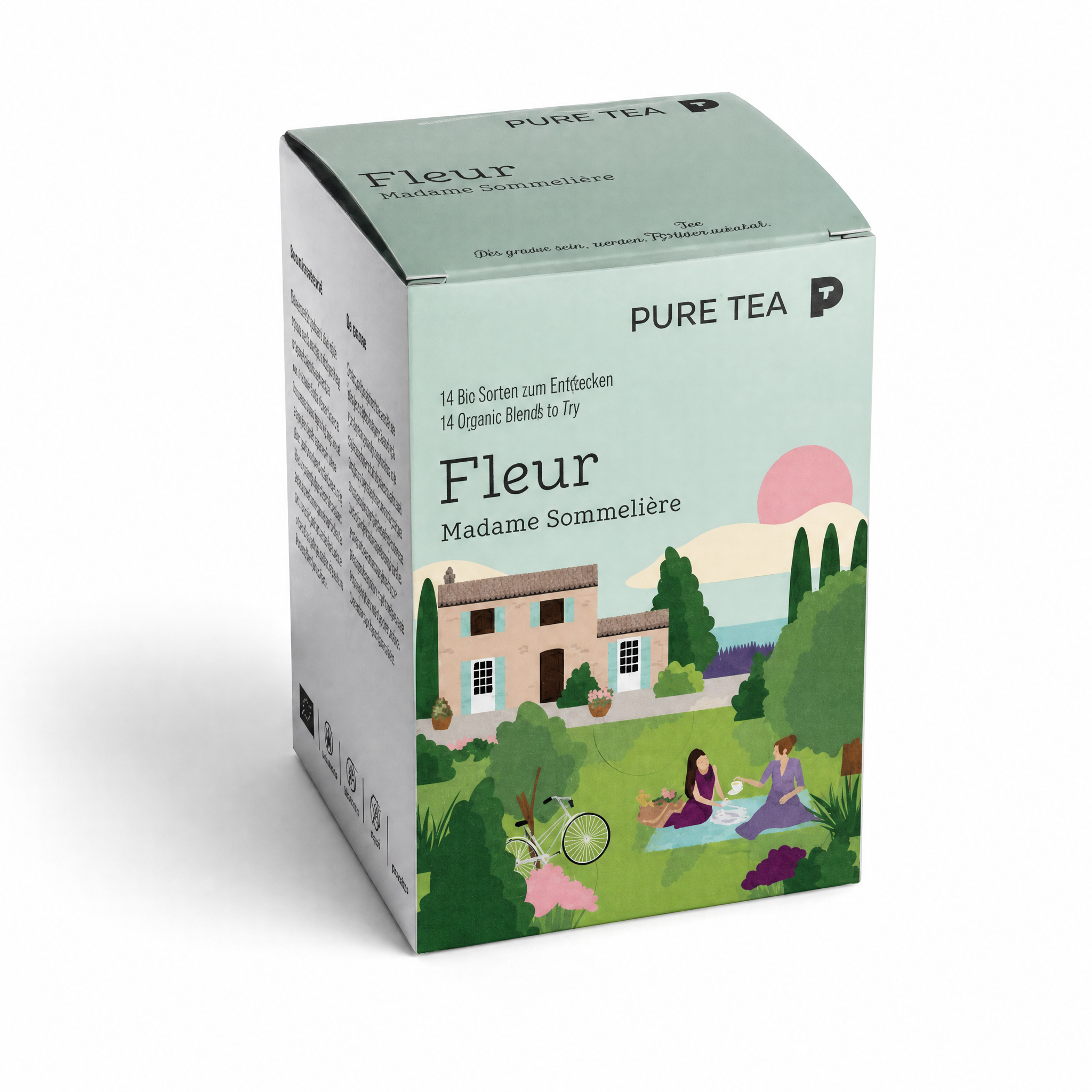 Pure Tea Bio Tee Geschenkset FLEUR Auswahlbox, Premium Tee Set als Probierbox mit Grüntee, Schwarztee, Kräutertee und Früchtetee, handgenähte Kissen-Teebeutel, einzeln verpackt, geschenkfähige Box
