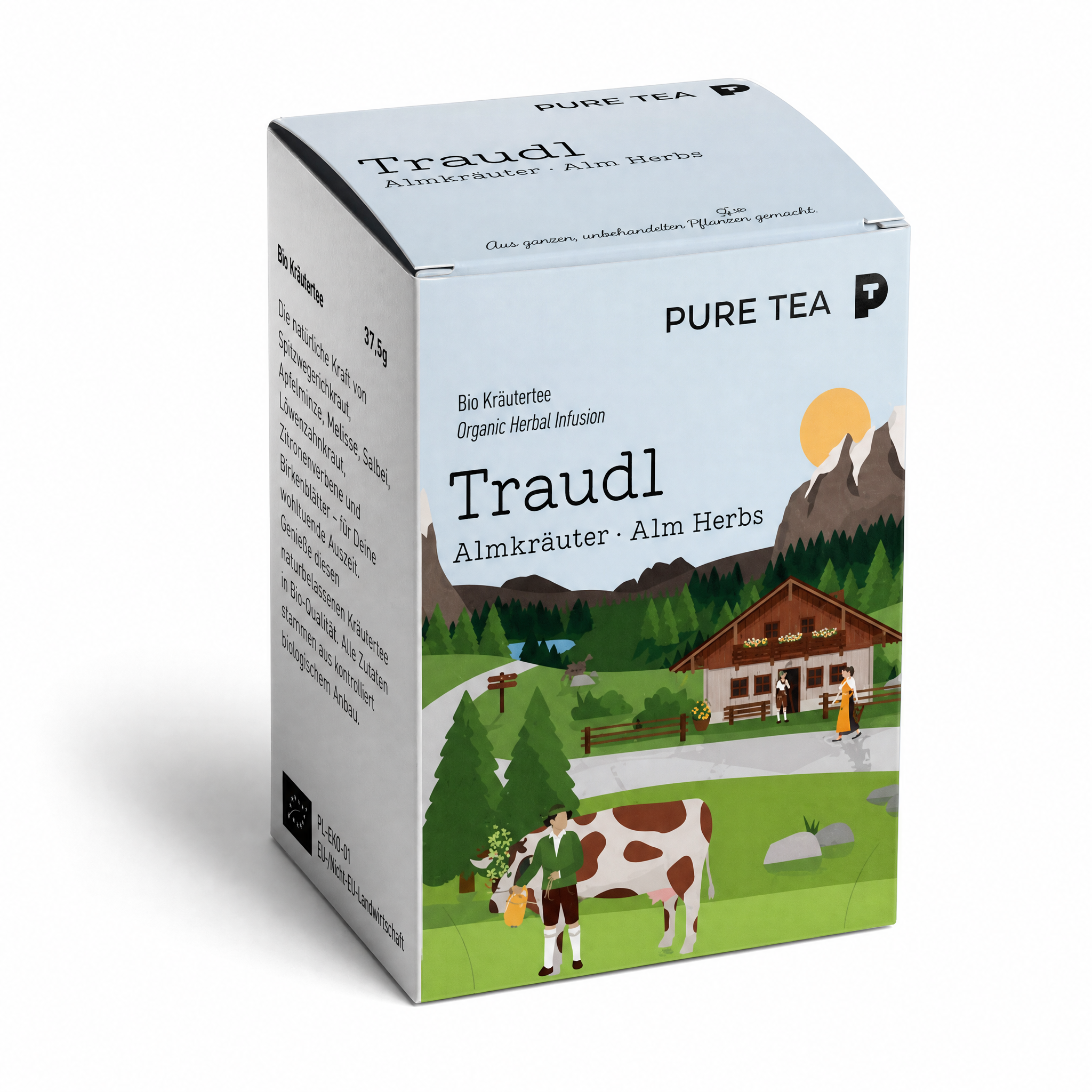 PURE TEA Traudl Bio Kräutertee Almkräuter, koffeinfreier Alpenkräuter Tee als Kräutermischung mit Spitzwegerich, Apfelminze & Melisse, einzeln verpackte Kissenbeutel in Dispenserbox