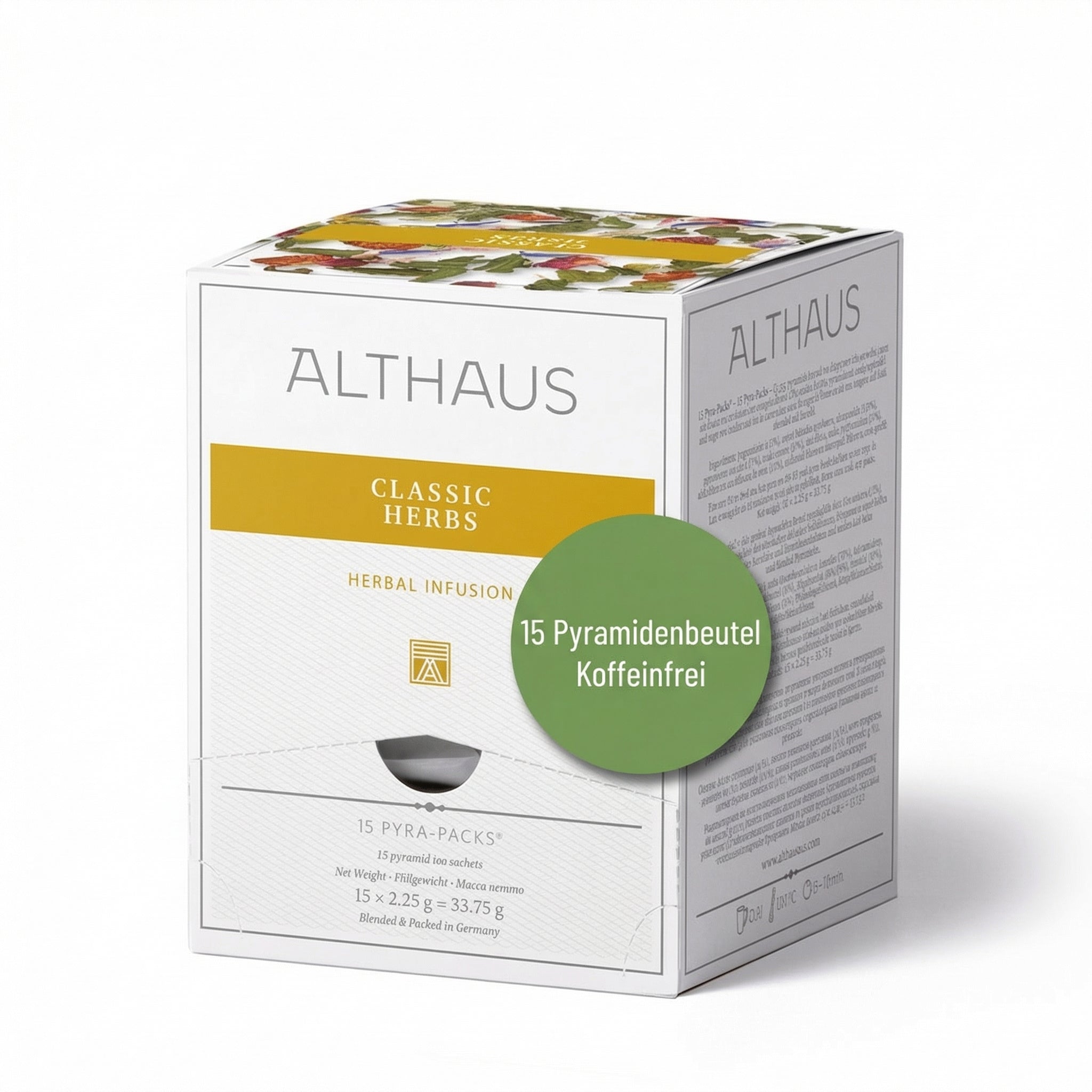 ALTHAUS Kräutertee Classic Herbs, koffeinfrei im Pyramidenbeutel, Pfefferminze-Kamille-Salbei harmonisch abgestimmt, 15 × 2,25 g = 33,75 g, in Deutschland gemischt & verpackt