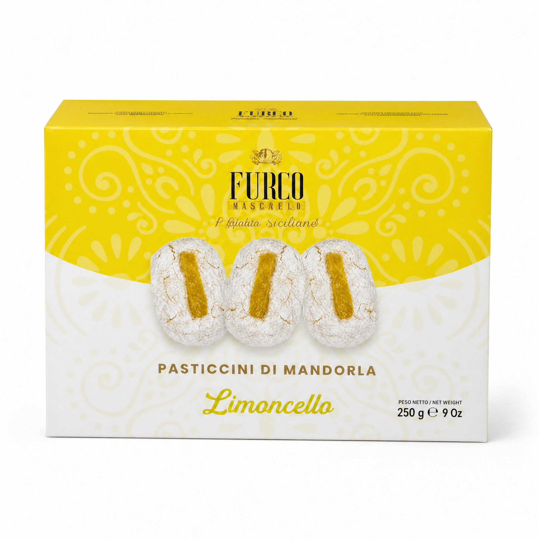 Furco Kekse Pasticcini di Mandorla Limoncello, italienische Mandelgebäck-Spezialität mit Zitrone und Puderzucker, weiches sizilianisches Gebäck in gelb‑weißer Geschenkbox, 250 g