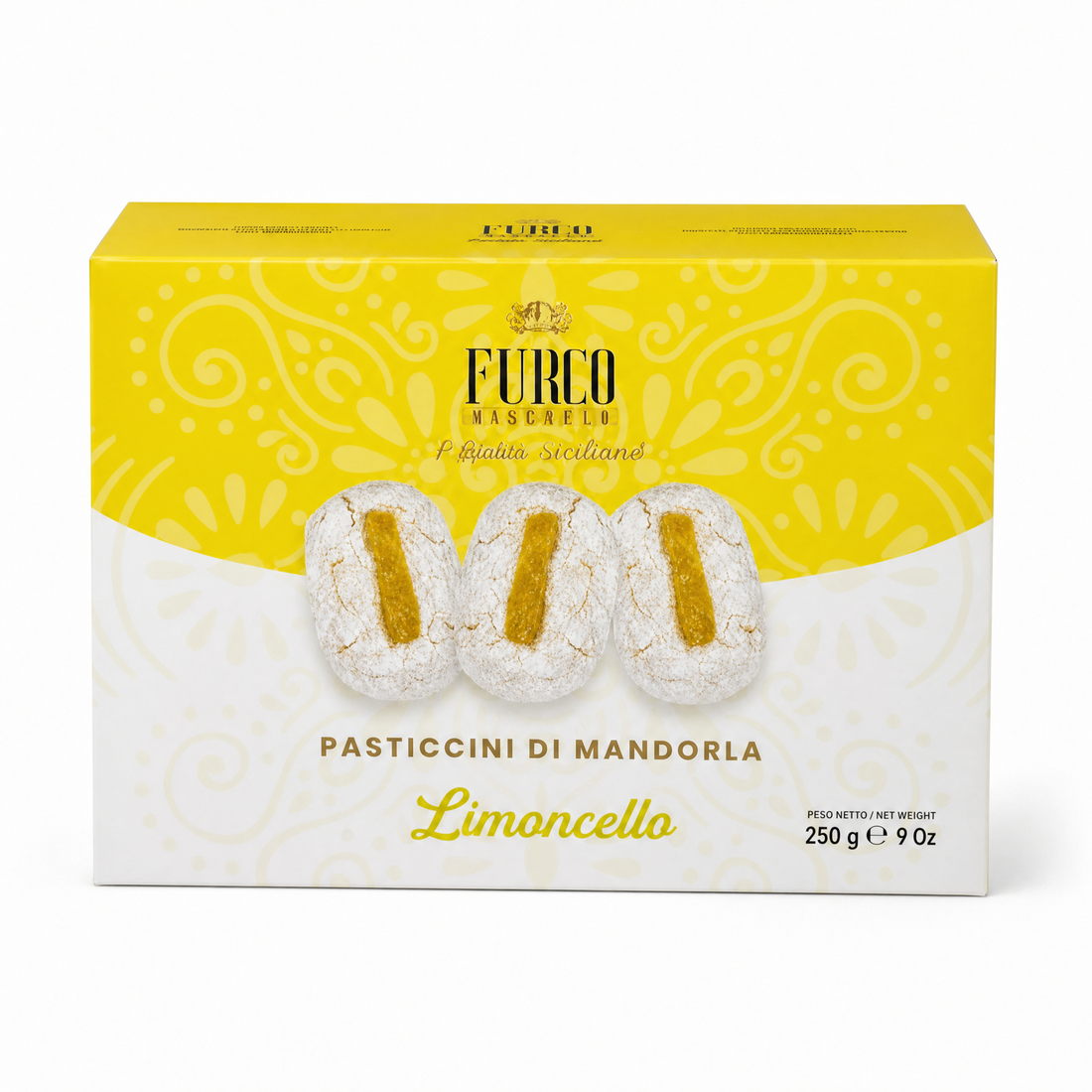 Furco Kekse Pasticcini di Mandorla Limoncello, italienische Mandelgebäck-Spezialität mit Zitrone und Puderzucker, weiches sizilianisches Gebäck in gelb‑weißer Geschenkbox, 250 g