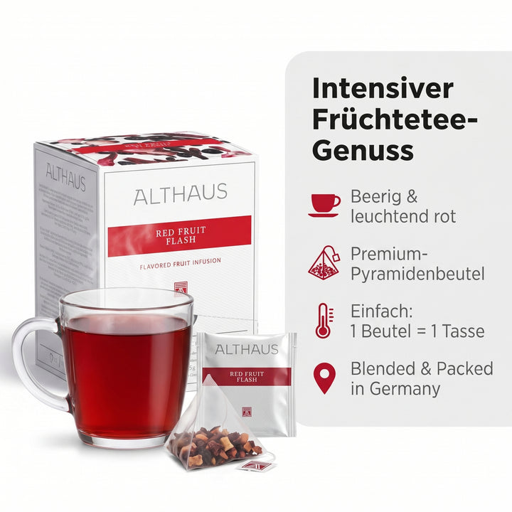 Althaus Früchtetee Red Fruit Flash, aromatisierte Fruchtinfusion in Pyramiden-Teebeuteln, einzeln verpackt, abbaubare Pyra-Packs, rote Tassenfarbe, Blended & Packed in Germany