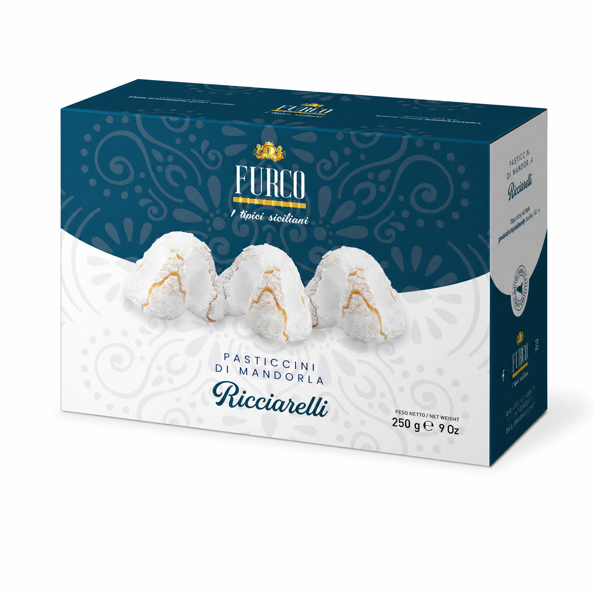 Furco Italienische Kekse Ricciarelli, Mandelgebäck mit Puderzucker, weiche zarte Textur, elegante Geschenkbox, italienisches Gebäck zu Kaffee & Tee, 250 g