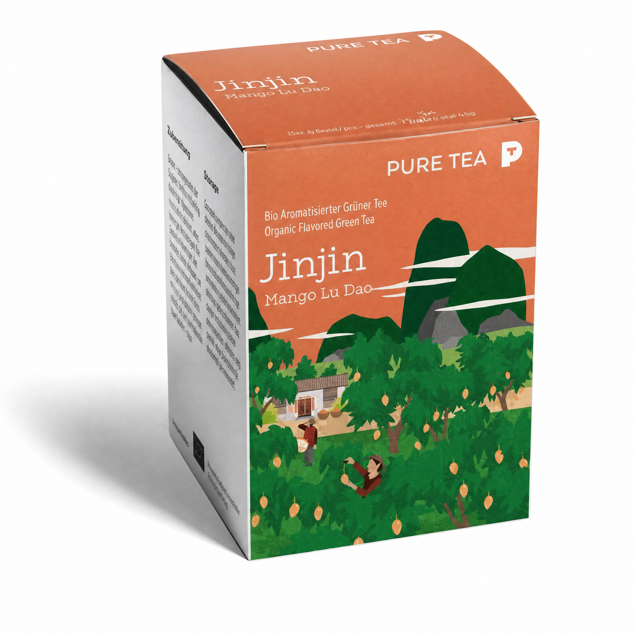 PURE TEA Jinjin Bio Grüner Tee Mango Lu Dao, aromatisierter Grüntee in flachen Kissenbeuteln, 15 x 3 g, einzeln verpackt, Dispenserbox 12 x 9 x 9 cm, glutenfrei, mittlerer Koffeingehalt