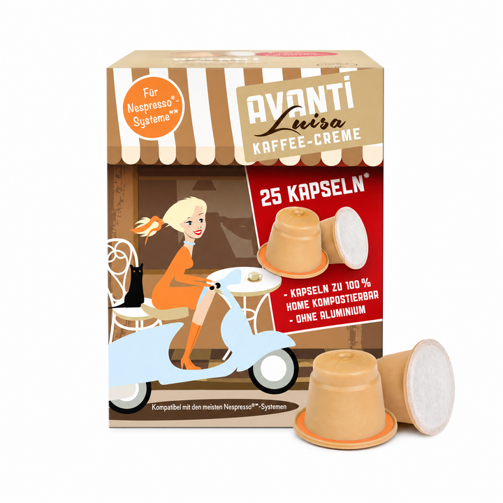AVANTI Kapseln Luisa – kompatibel mit Nespresso Kaffeekapseln, 25 Stück, 90% Arabica 10% Robusta, säurearm und mild, ohne Aluminium, 100% home‑kompostierbar, 6 g pro Kapsel, dichte Crema