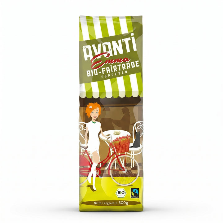 AVANTI Emma Kaffeebohnen, Bio Fairtrade Espresso, ganze Bohnen 500 g, 80% Arabica 20% Robusta, säurearme Langzeit-Trommelröstung (mitteldunkel), Schweizer Röstung und Abfüllung