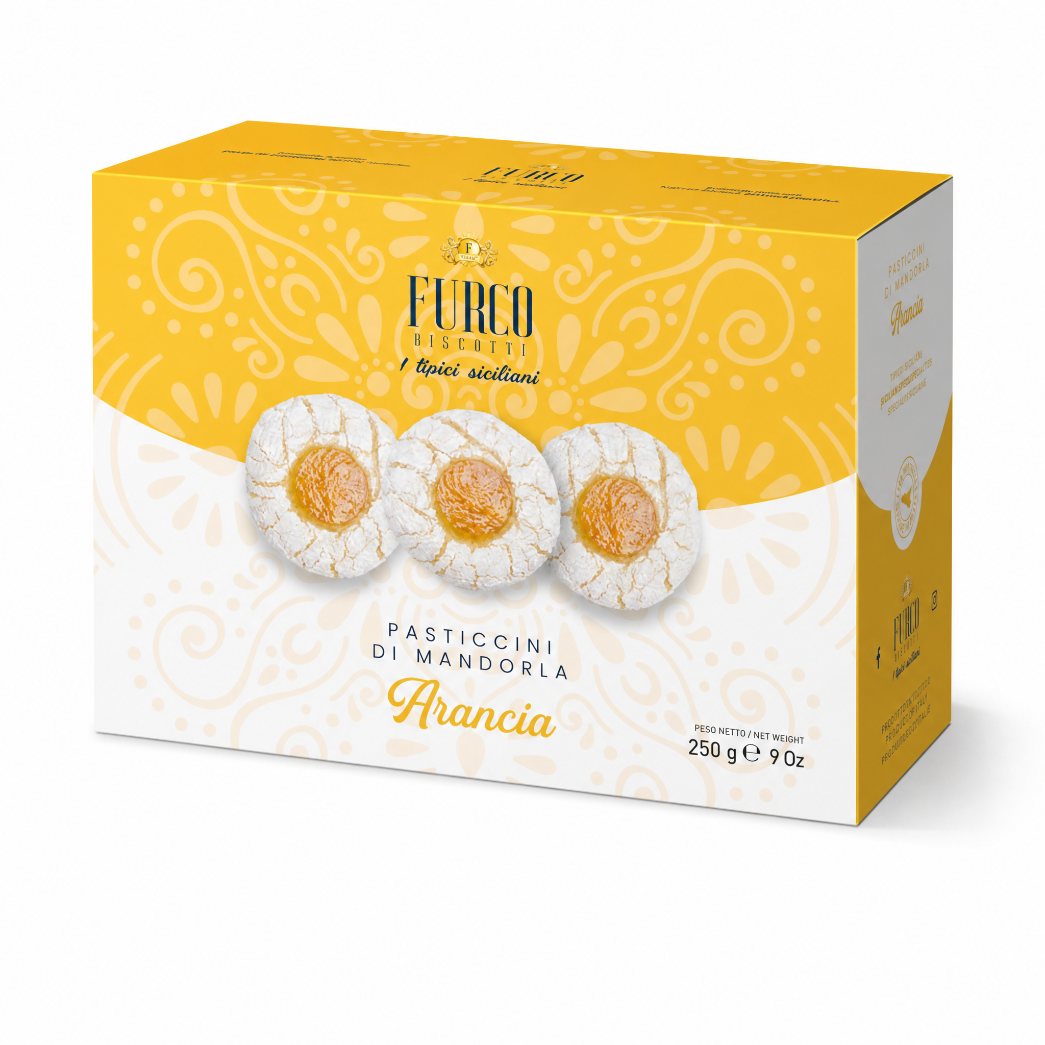 Furco Mandelgebäck Pasticcini di Mandorla Arancia, Italienische Kekse mit Orange, Sizilianisches Gebäck in Geschenkbox, Amarettini, Hergestellt in Italien, 250 g