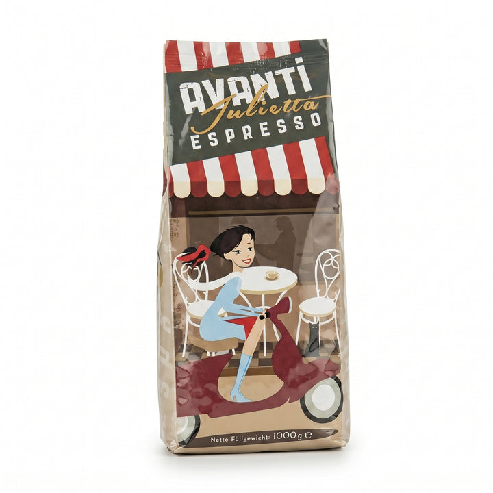 AVANTI Espresso Bohnen Julietta, Espressobohnen 1kg – säurearm, Medium Dark Roast, Trommelröstung, 70% Arabica 30% Robusta, geröstet in Italien, ganze Kaffeebohnen mit dichter Crema