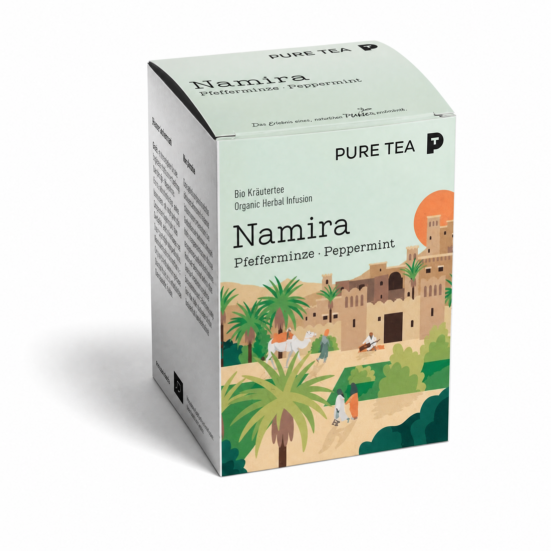 PURE TEA Namira Bio-Pfefferminztee, Kräutertee, 15 Kissenbeutel einzeln verpackt, Dispenserbox 12 x 9 x 9 cm, koffeinfrei, aus biologischem Anbau, mit nordafrikanischem Landschaftsmotiv