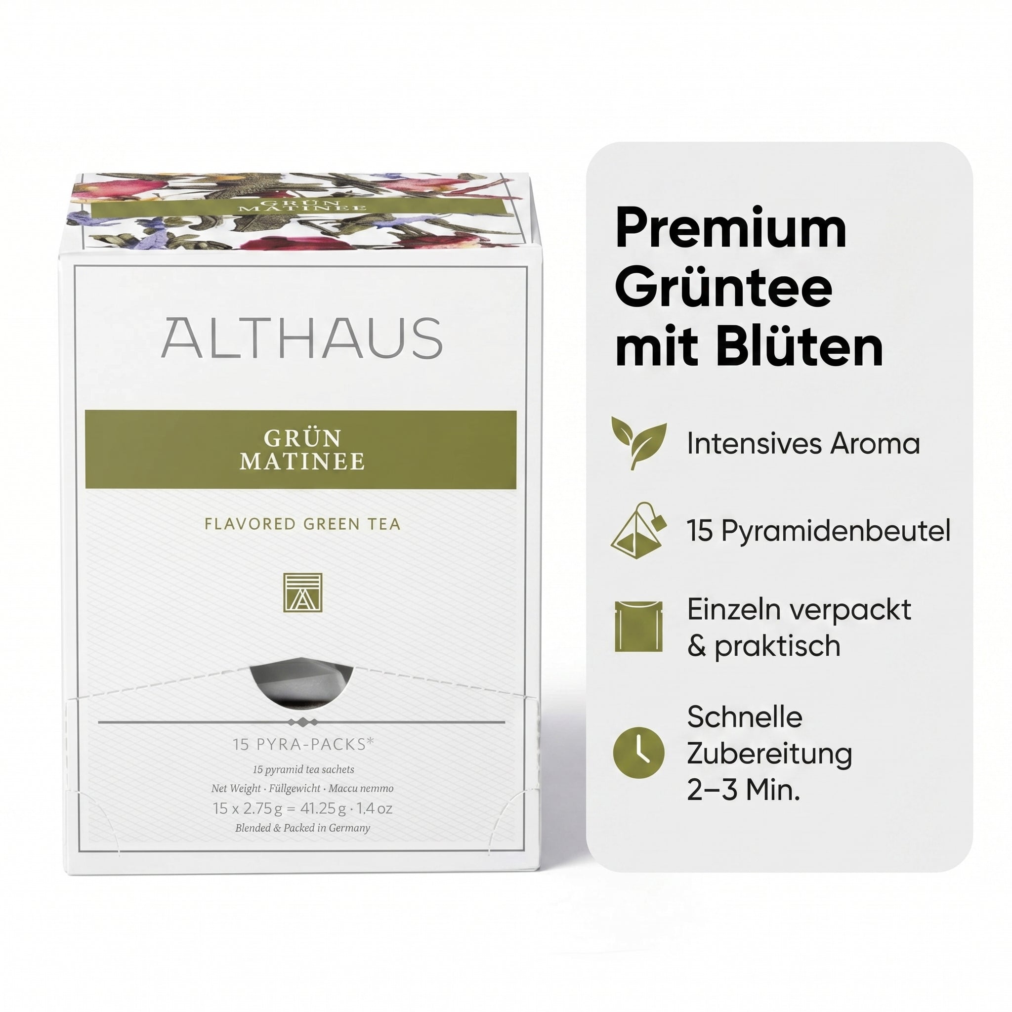 ALTHAUS Grüner Tee Grün Matinee, aromatisierter Sencha Tee mit Blüten, 15 Pyramiden-Teebeutel, einzeln verpackt, 41,25 g, 100 % biologisch abbaubare Beutel, in Deutschland gemischt & verpackt