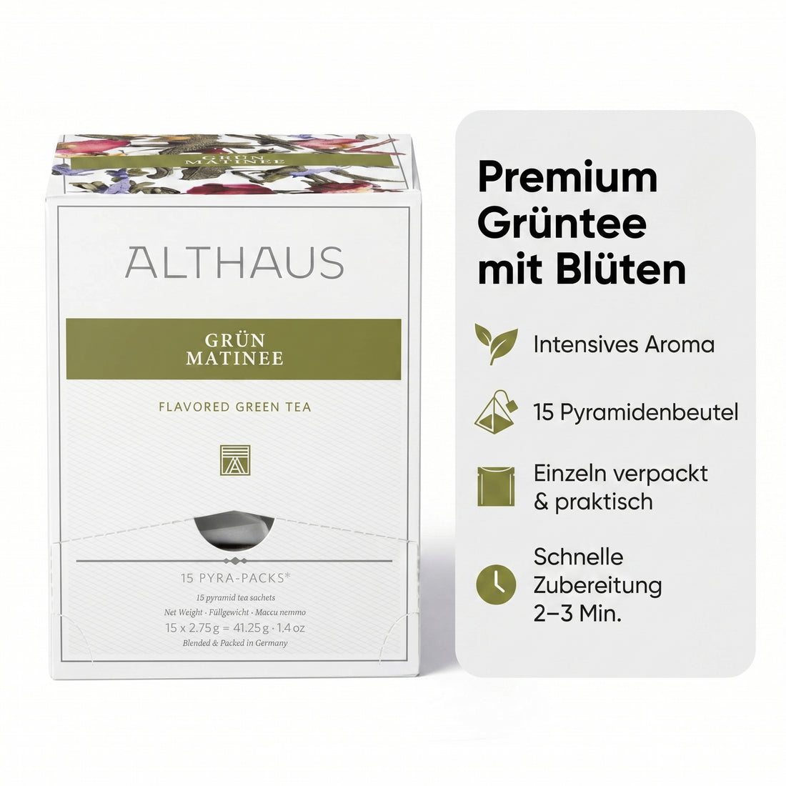 ALTHAUS Grüner Tee Grün Matinee, aromatisierter Sencha Tee mit Blüten, 15 Pyramiden-Teebeutel, einzeln verpackt, 41,25 g, 100 % biologisch abbaubare Beutel, in Deutschland gemischt & verpackt