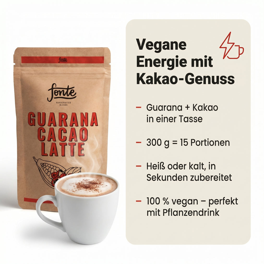 Fonte Guarana Cacao Latte, veganes Getränkepulver für schokoladigen Latte-Genuss, heiß & kalt anrührbar, 300 g = 15 Portionen, Guarana Kakao Latte, Kakao Latte Pulver, 100% vegan