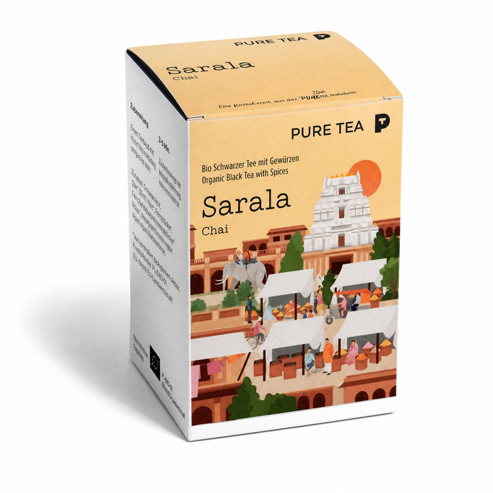 Pure Tea Chai Tee Sarala Chai, Bio-Schwarztee als Gewürztee mit Zimt, Fenchel, Ingwer, Nelken & Anis, Pyramiden-Teebeutel, einzeln verpackt in Dispenserbox, 12 x 9 x 9 cm