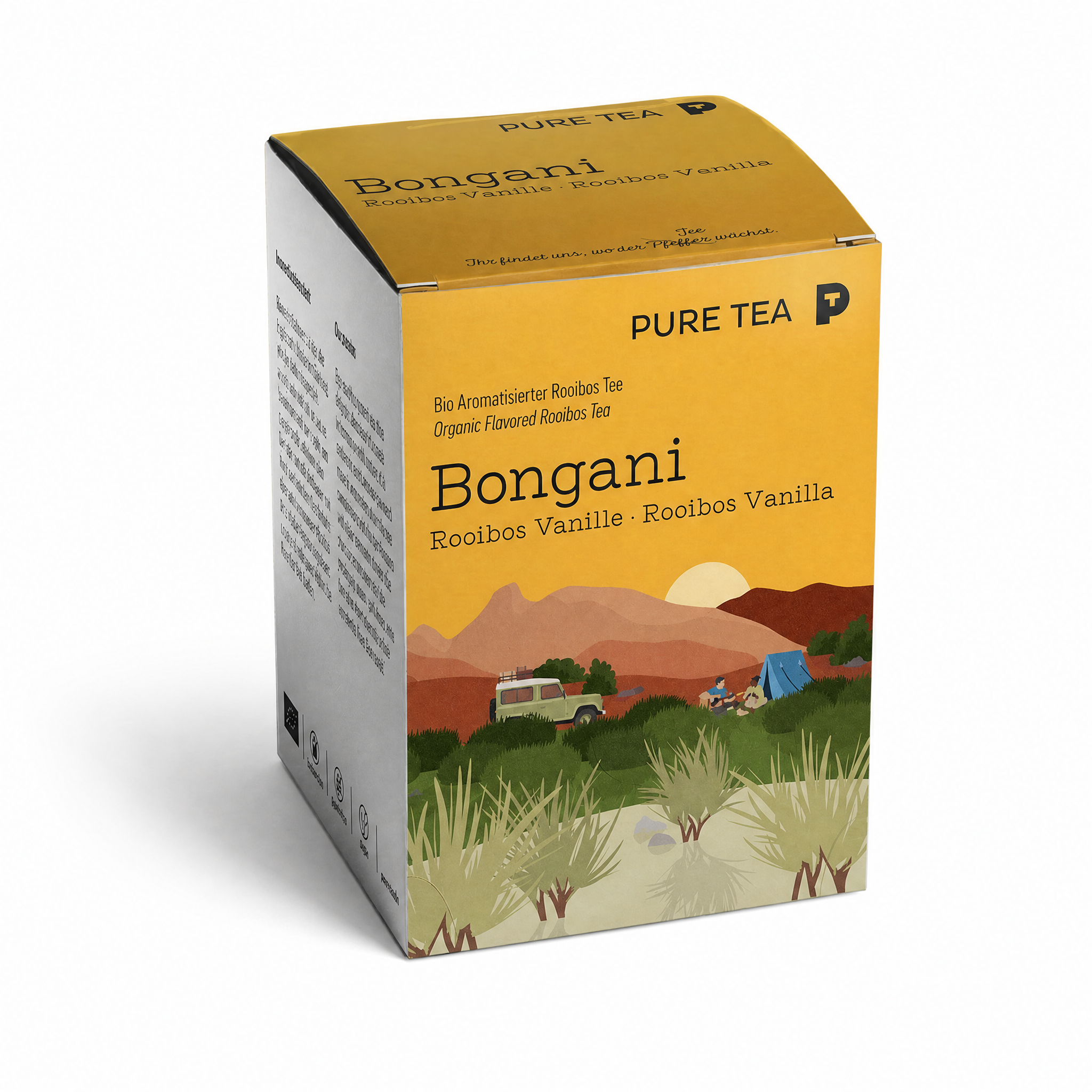 PURE TEA Rooibos Tee Bongani Vanille, aromatisierter Rotbuschtee, Bio, 15 Kissenbeutel à 3 g (45 g), koffeinfrei, flache handgenähte Beutel, Dispenserbox 12 × 9 × 9 cm