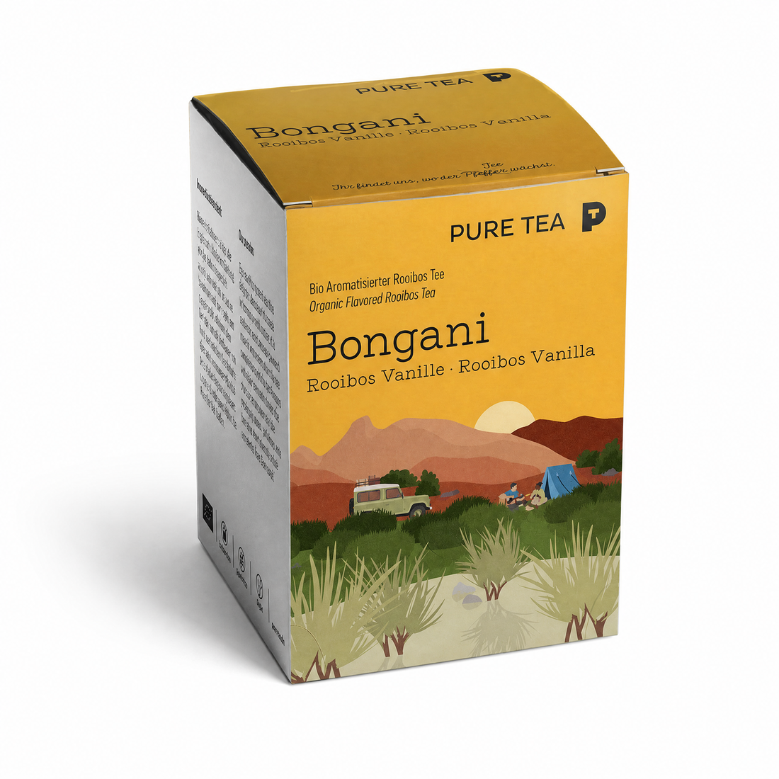 PURE TEA Rooibos Tee Bongani Vanille, aromatisierter Rotbuschtee, Bio, 15 Kissenbeutel à 3 g (45 g), koffeinfrei, flache handgenähte Beutel, Dispenserbox 12 × 9 × 9 cm