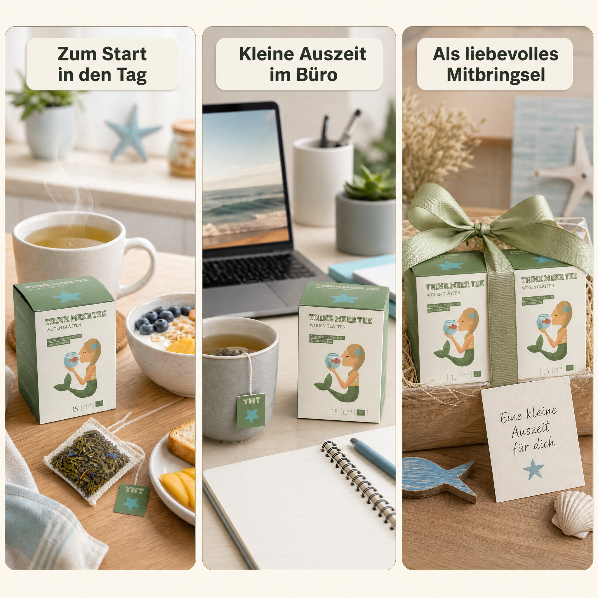 Trink Meer Tee - Wogen glätten - Bio Grüner Tee - Beutel 15 x 3g Grüner Sencha, Mango Pfirsich
