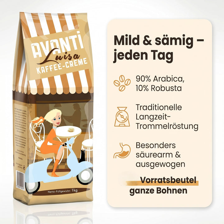 Avanti Kaffeebohnen Luisa Kaffee-Crème, 90% Arabica 10% Robusta, säurearm & mild, traditionelle Trommelröstung, ganze Bohnen Medium Roast, Schweizer Rösthandwerk, 500 g Beutel