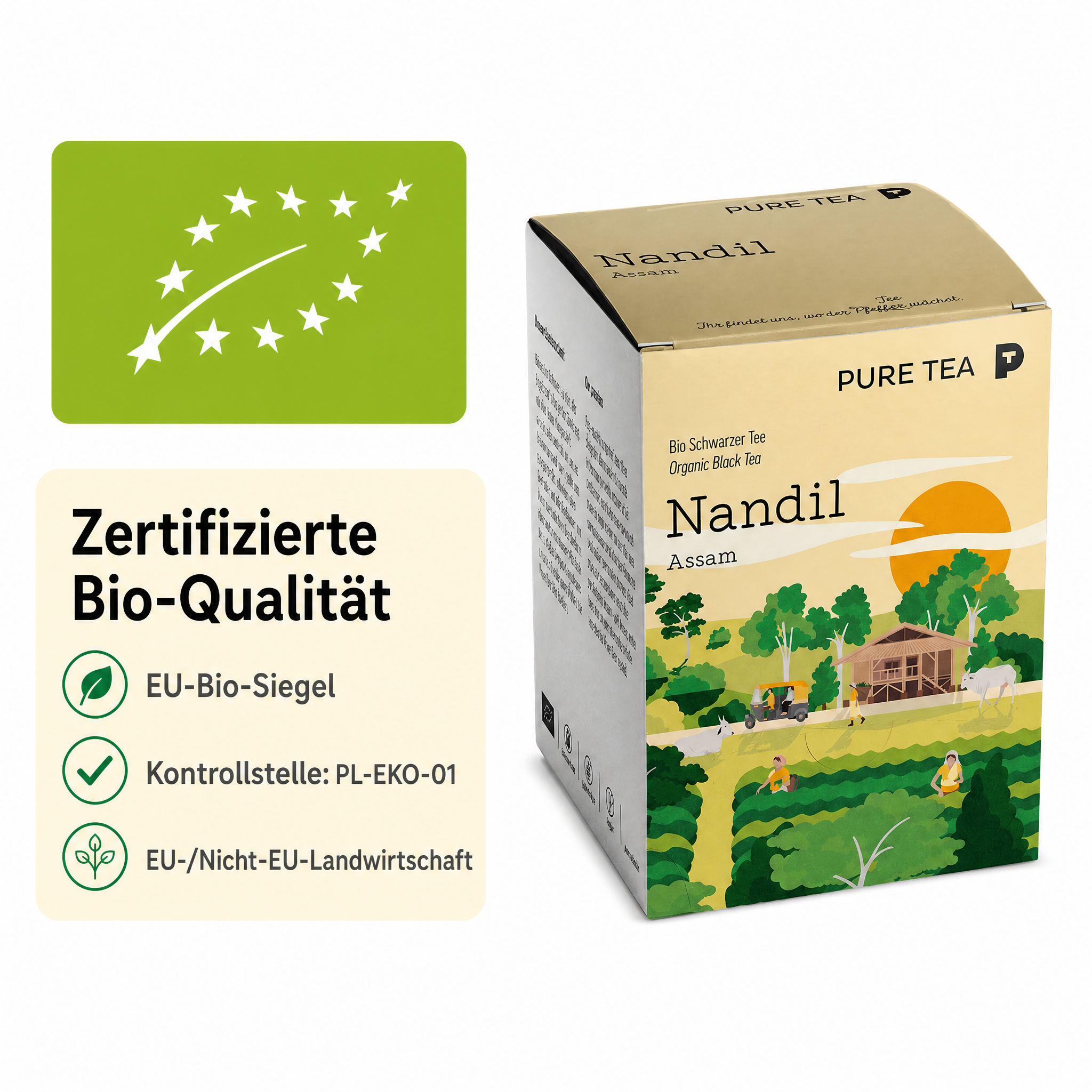 Pure Tea Nandil Bio Schwarzer Tee Assam, 15 Kissenbeutel à 3 g, Kräftiger, malzig-würziger Assam-Schwarztee in einzeln verpackten Kissen-Teebeuteln