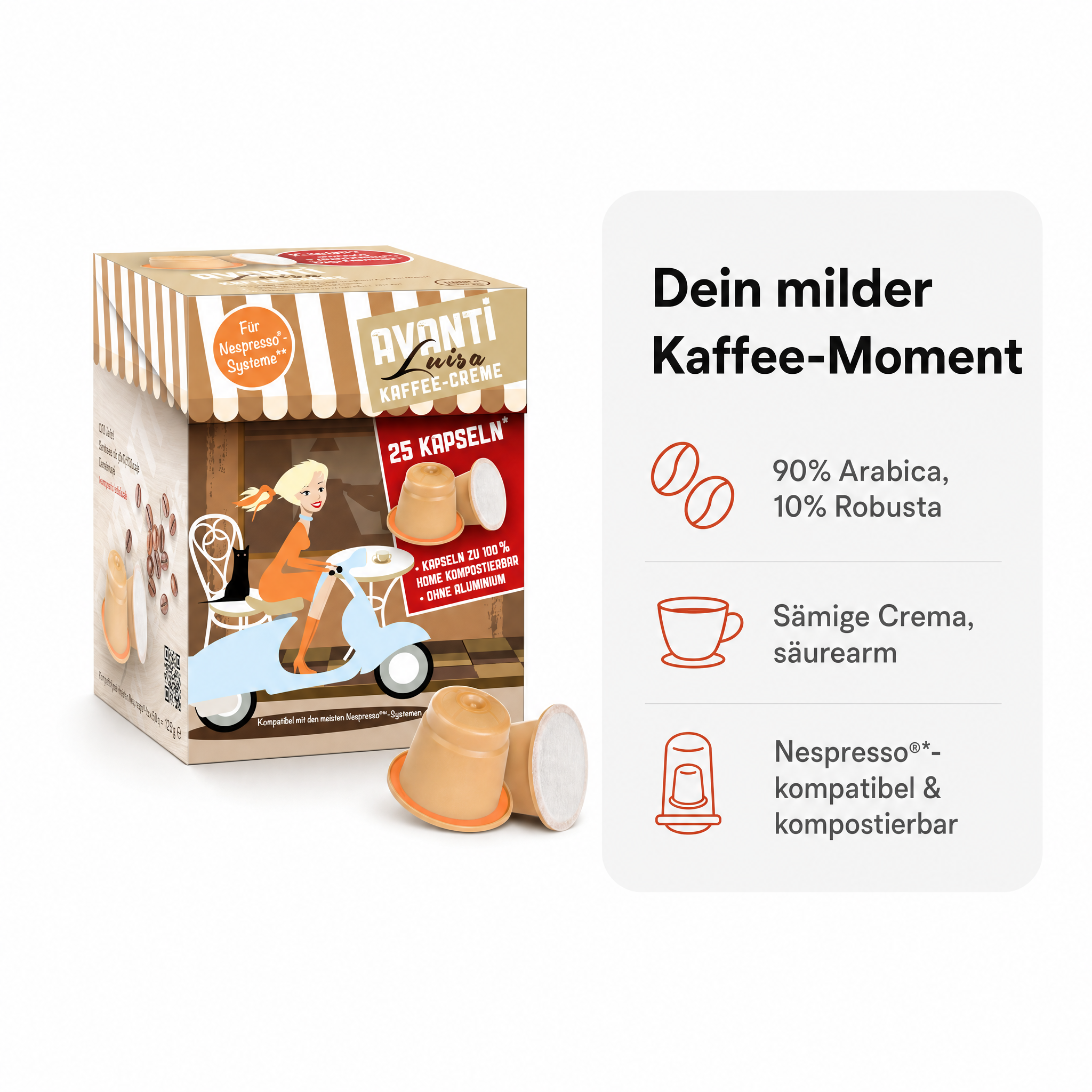AVANTI Kapseln Luisa – kompatibel mit Nespresso Kaffeekapseln, 25 Stück, 90% Arabica 10% Robusta, säurearm und mild, ohne Aluminium, 100% home‑kompostierbar, 6 g pro Kapsel, dichte Crema
