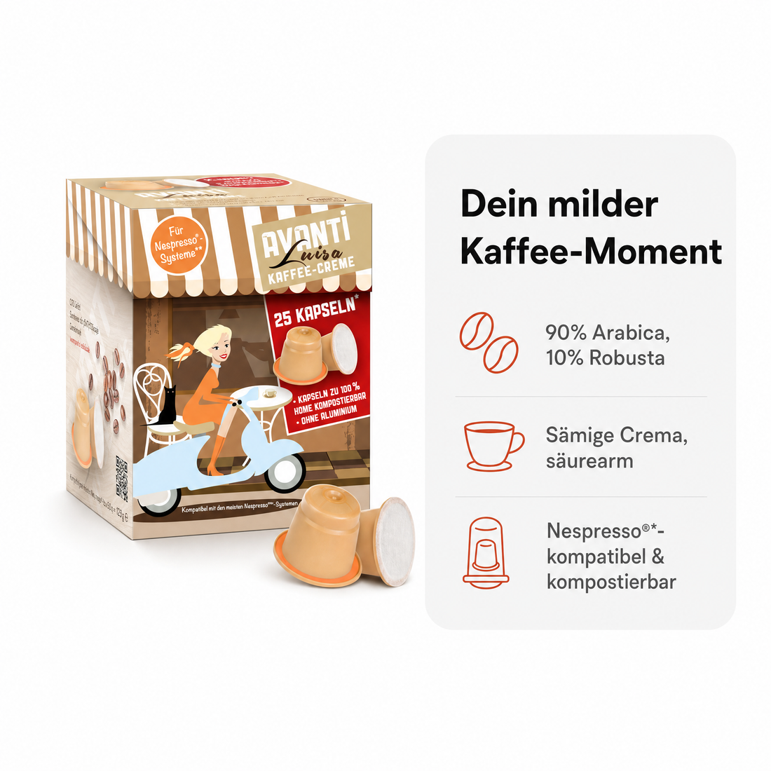 AVANTI Kapseln Luisa – kompatibel mit Nespresso Kaffeekapseln, 25 Stück, 90% Arabica 10% Robusta, säurearm und mild, ohne Aluminium, 100% home‑kompostierbar, 6 g pro Kapsel, dichte Crema