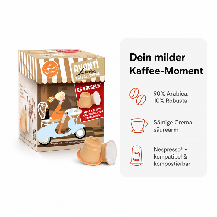 AVANTI Kapseln Luisa – kompatibel mit Nespresso Kaffeekapseln, 25 Stück, 90% Arabica 10% Robusta, säurearm und mild, ohne Aluminium, 100% home‑kompostierbar, 6 g pro Kapsel, dichte Crema