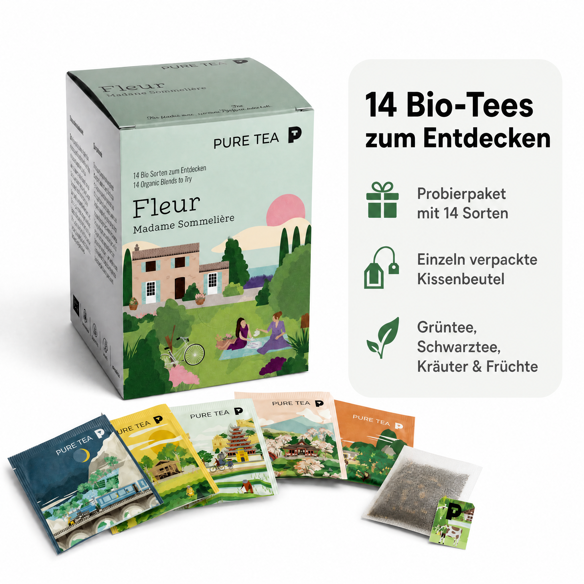 Pure Tea Bio Tee Geschenkset FLEUR Auswahlbox, Premium Tee Set als Probierbox mit Grüntee, Schwarztee, Kräutertee und Früchtetee, handgenähte Kissen-Teebeutel, einzeln verpackt, geschenkfähige Box