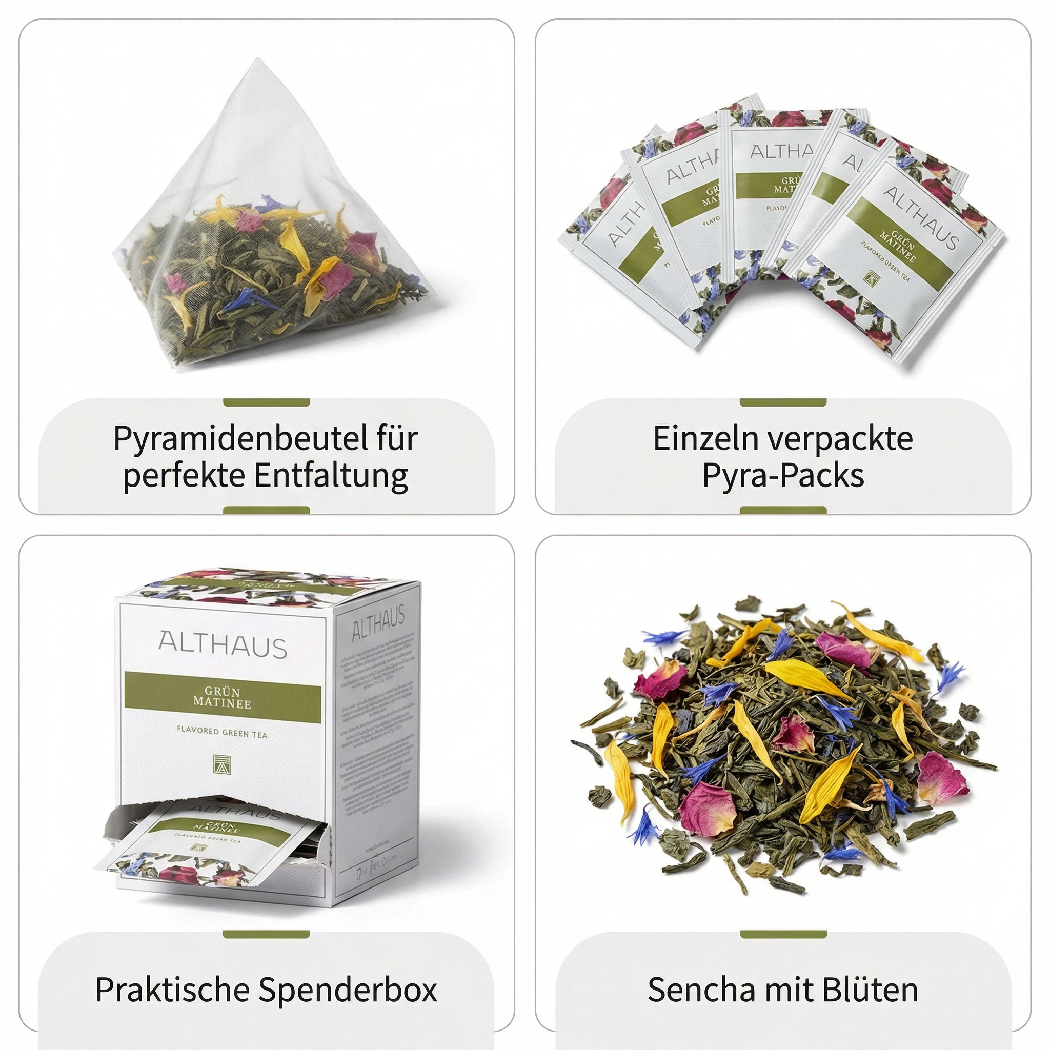 ALTHAUS Grüner Tee Grün Matinee, aromatisierter Sencha Tee mit Blüten, 15 Pyramiden-Teebeutel, einzeln verpackt, 41,25 g, 100 % biologisch abbaubare Beutel, in Deutschland gemischt & verpackt