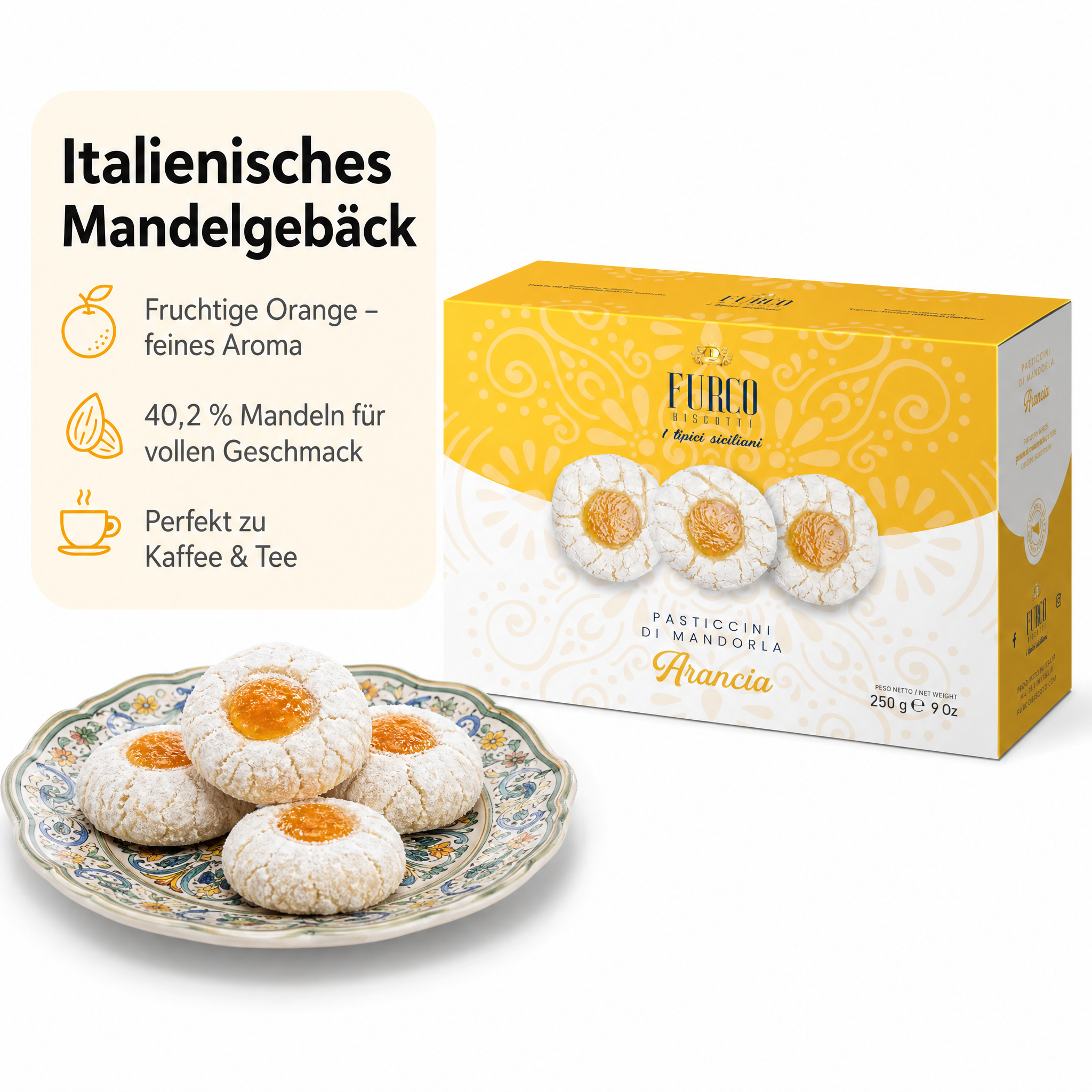 Furco Mandelgebäck Pasticcini di Mandorla Arancia, Italienische Kekse mit Orange, Sizilianisches Gebäck in Geschenkbox, Amarettini, Hergestellt in Italien, 250 g
