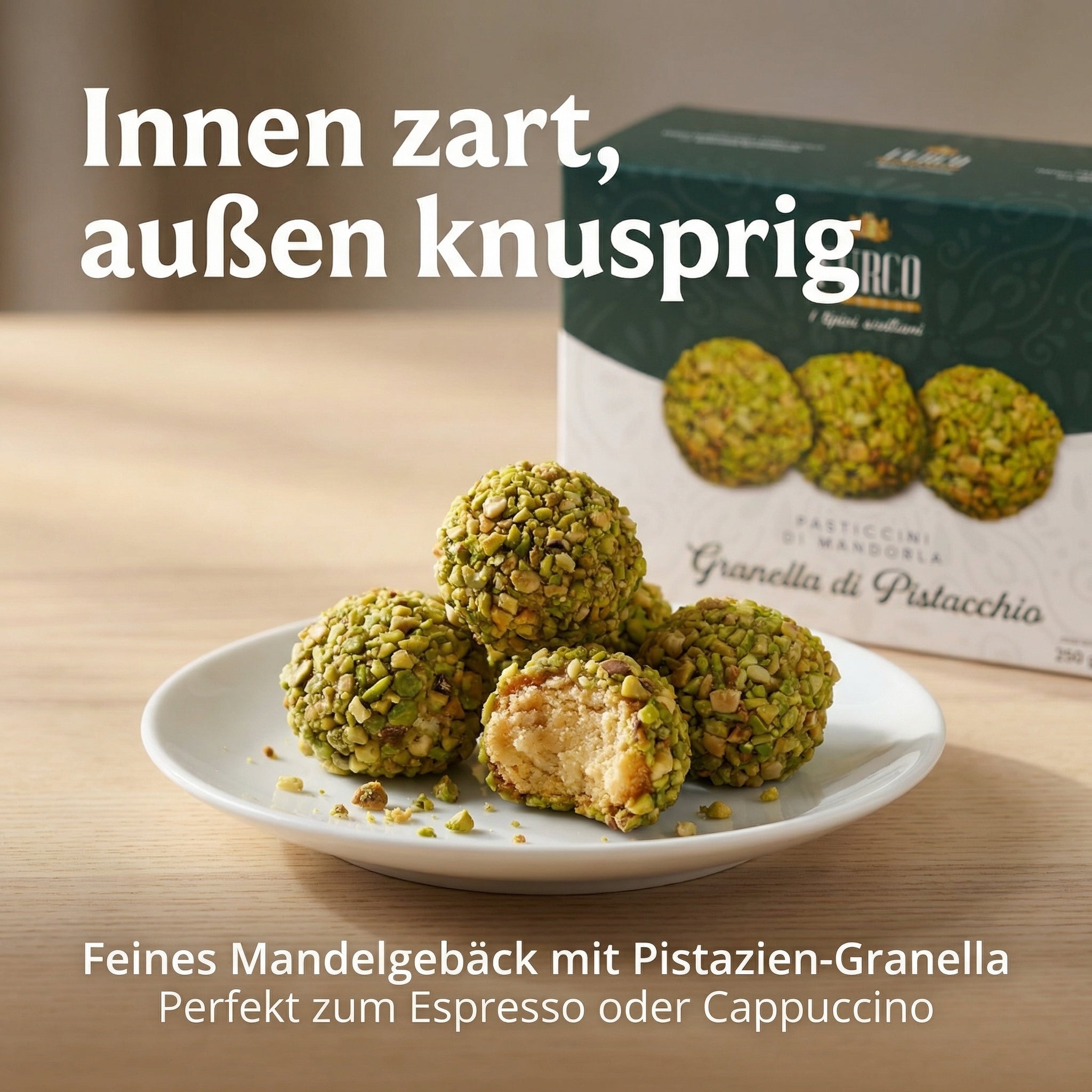 FURCO Pasticcini di Mandorla, italienisches Mandelgebäck mit Pistazien-Granella, sizilianisches Mandelgebäck für Espresso & Kaffee, Pistaziengebäck in Box, 250 g