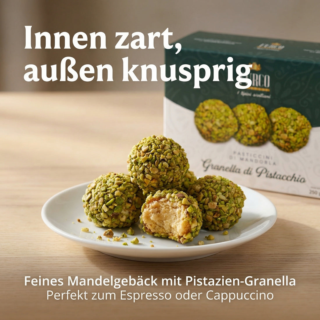 FURCO Pasticcini di Mandorla, italienisches Mandelgebäck mit Pistazien-Granella, sizilianisches Mandelgebäck für Espresso & Kaffee, Pistaziengebäck in Box, 250 g