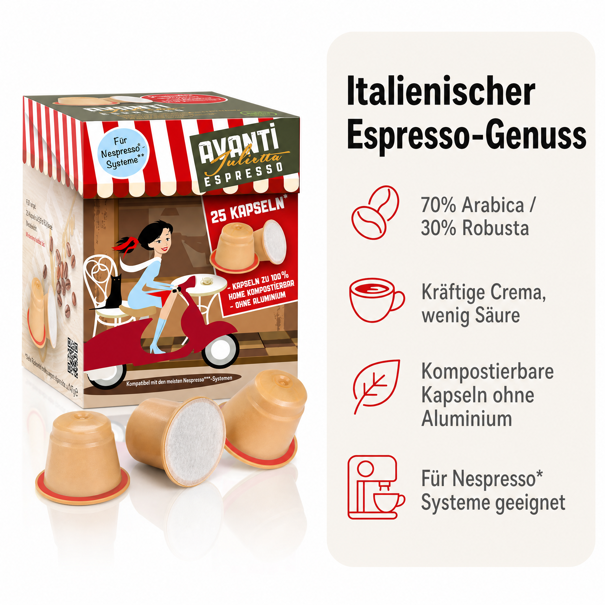 Avanti Julietta in Biocaps* Kapseln, 70% Arabica 30% Robusta, kräftige Crema und geringe Säure, kompostierbare Kapseln ohne Aluminium, kompatibel mit Nespresso Original, 25 Stück