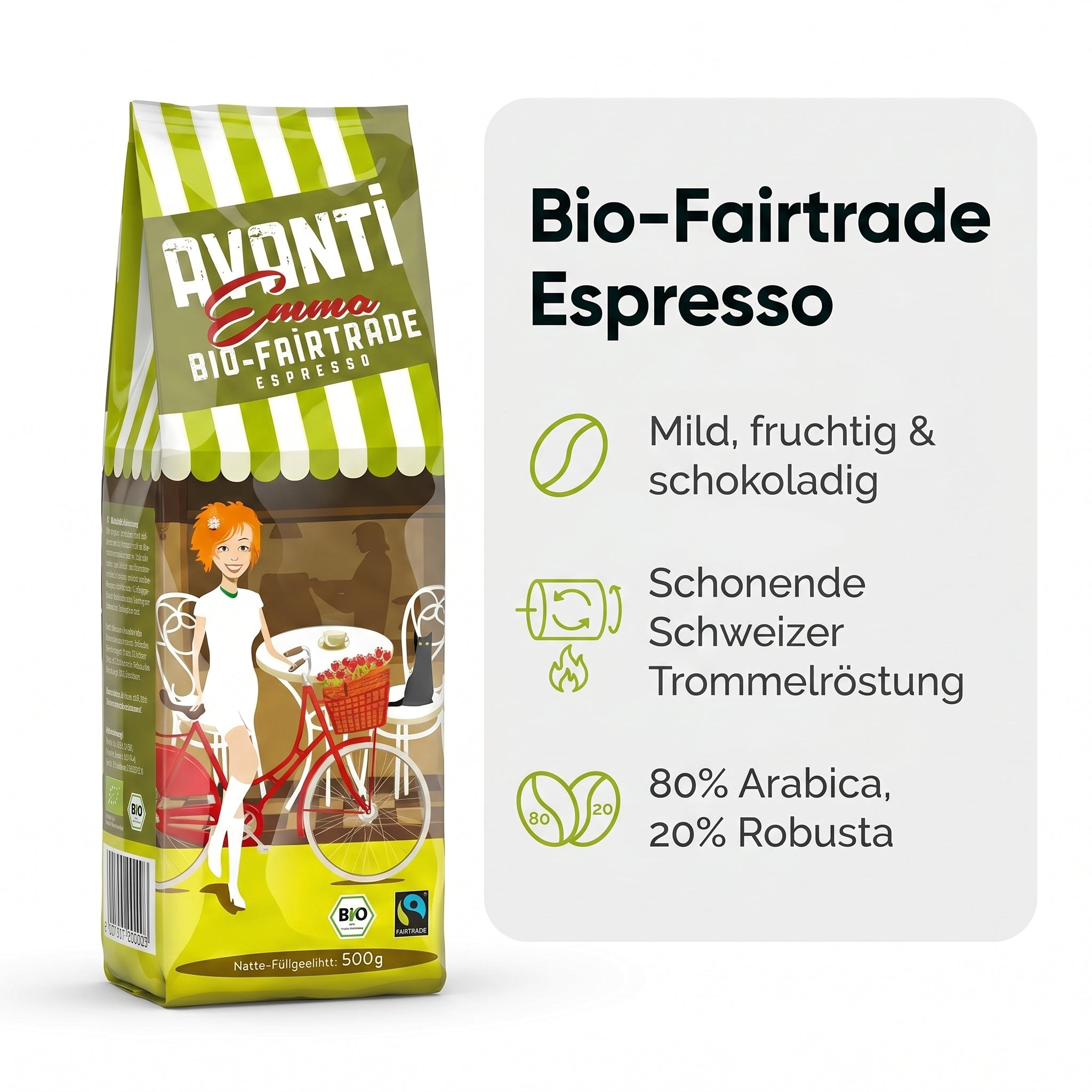 AVANTI Emma Kaffeebohnen, Bio Fairtrade Espresso, ganze Bohnen 500 g, 80% Arabica 20% Robusta, säurearme Langzeit-Trommelröstung (mitteldunkel), Schweizer Röstung und Abfüllung