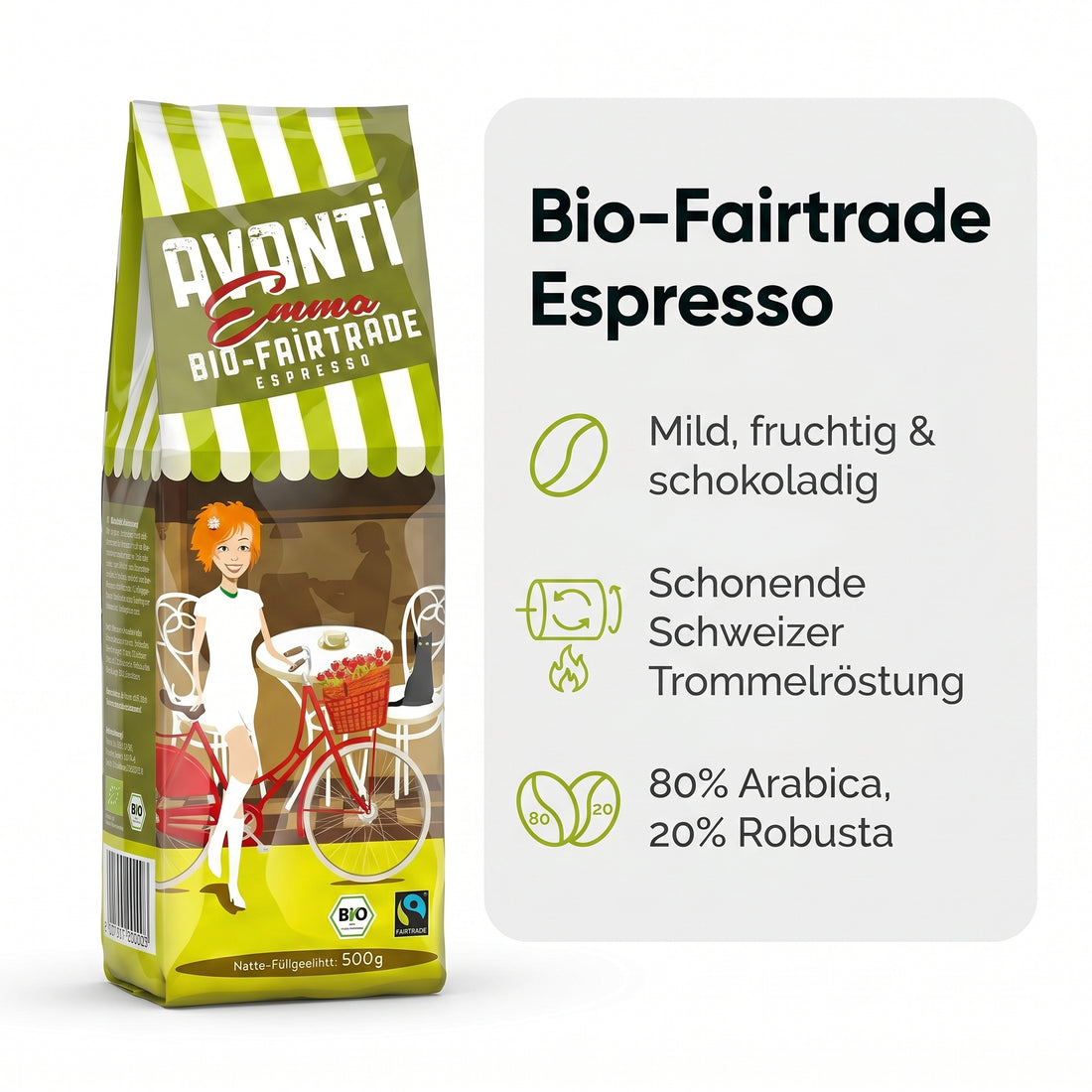AVANTI Emma Kaffeebohnen, Bio Fairtrade Espresso, ganze Bohnen 500 g, 80% Arabica 20% Robusta, säurearme Langzeit-Trommelröstung (mitteldunkel), Schweizer Röstung und Abfüllung