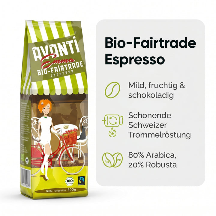 AVANTI Emma Kaffeebohnen, Bio Fairtrade Espresso, ganze Bohnen 500 g, 80% Arabica 20% Robusta, säurearme Langzeit-Trommelröstung (mitteldunkel), Schweizer Röstung und Abfüllung