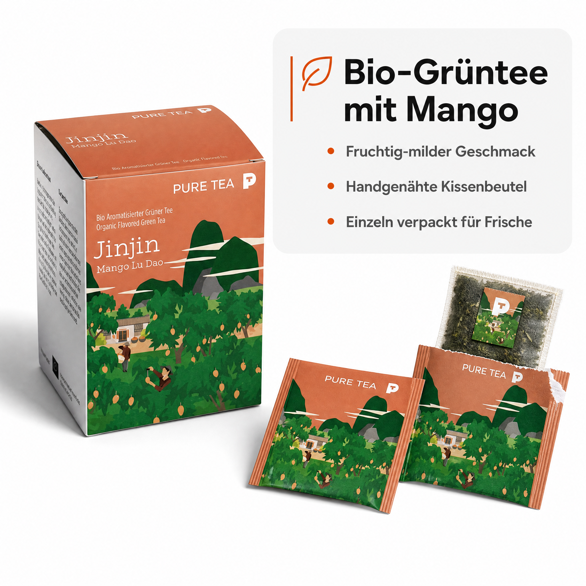 PURE TEA Jinjin Bio Grüner Tee Mango Lu Dao, aromatisierter Grüntee in flachen Kissenbeuteln, 15 x 3 g, einzeln verpackt, Dispenserbox 12 x 9 x 9 cm, glutenfrei, mittlerer Koffeingehalt