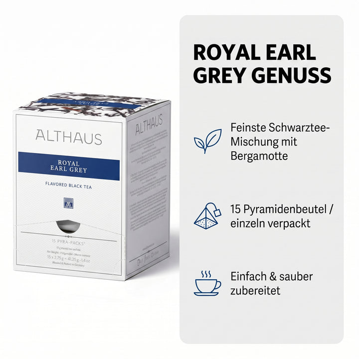 Althaus Earl Grey Teebeutel Royal Earl Grey, aromatisierter Schwarzer Tee mit Bergamotte, Pyramiden-Teebeutel einzeln verpackt, premium Schwarztee, Blended & Packed in Germany, elegante Spenderbox