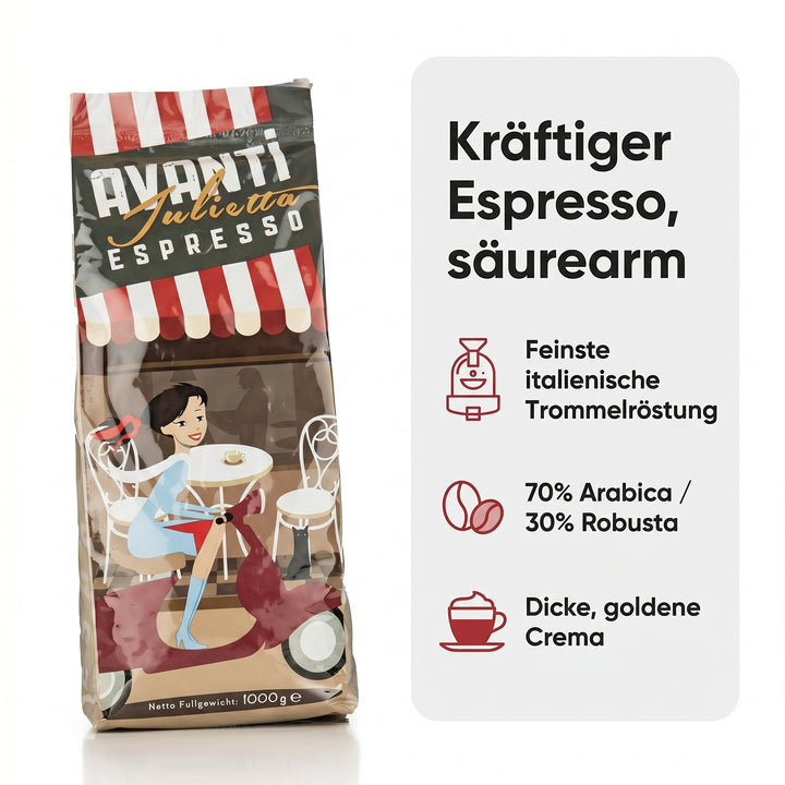 AVANTI Espresso Bohnen Julietta, Espressobohnen 500g – säurearm, Medium Dark Roast, Trommelröstung, 70% Arabica 30% Robusta, geröstet in Italien, ganze Kaffeebohnen mit dichter Crema