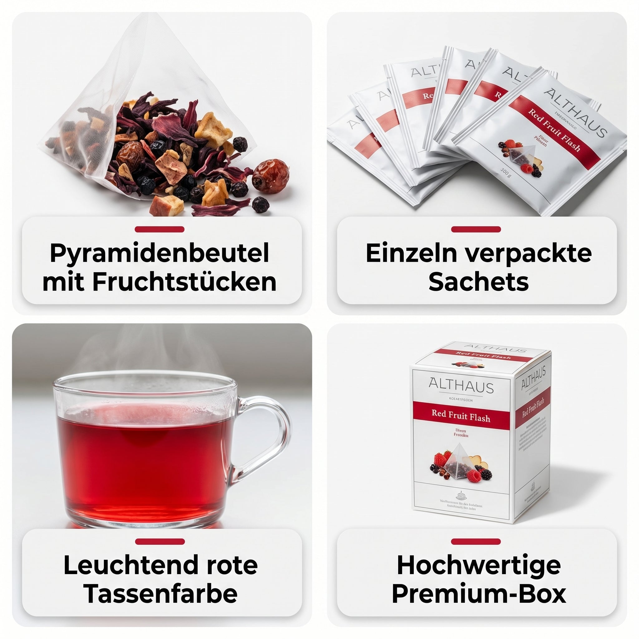 Althaus Früchtetee Red Fruit Flash, aromatisierte Fruchtinfusion in Pyramiden-Teebeuteln, einzeln verpackt, abbaubare Pyra-Packs, rote Tassenfarbe, Blended & Packed in Germany
